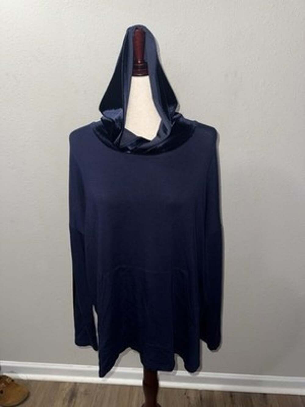 Eileen Fisher Hoodie Woman Medium Navy Blue Velvet Trim Tencel Lyocell Pullover